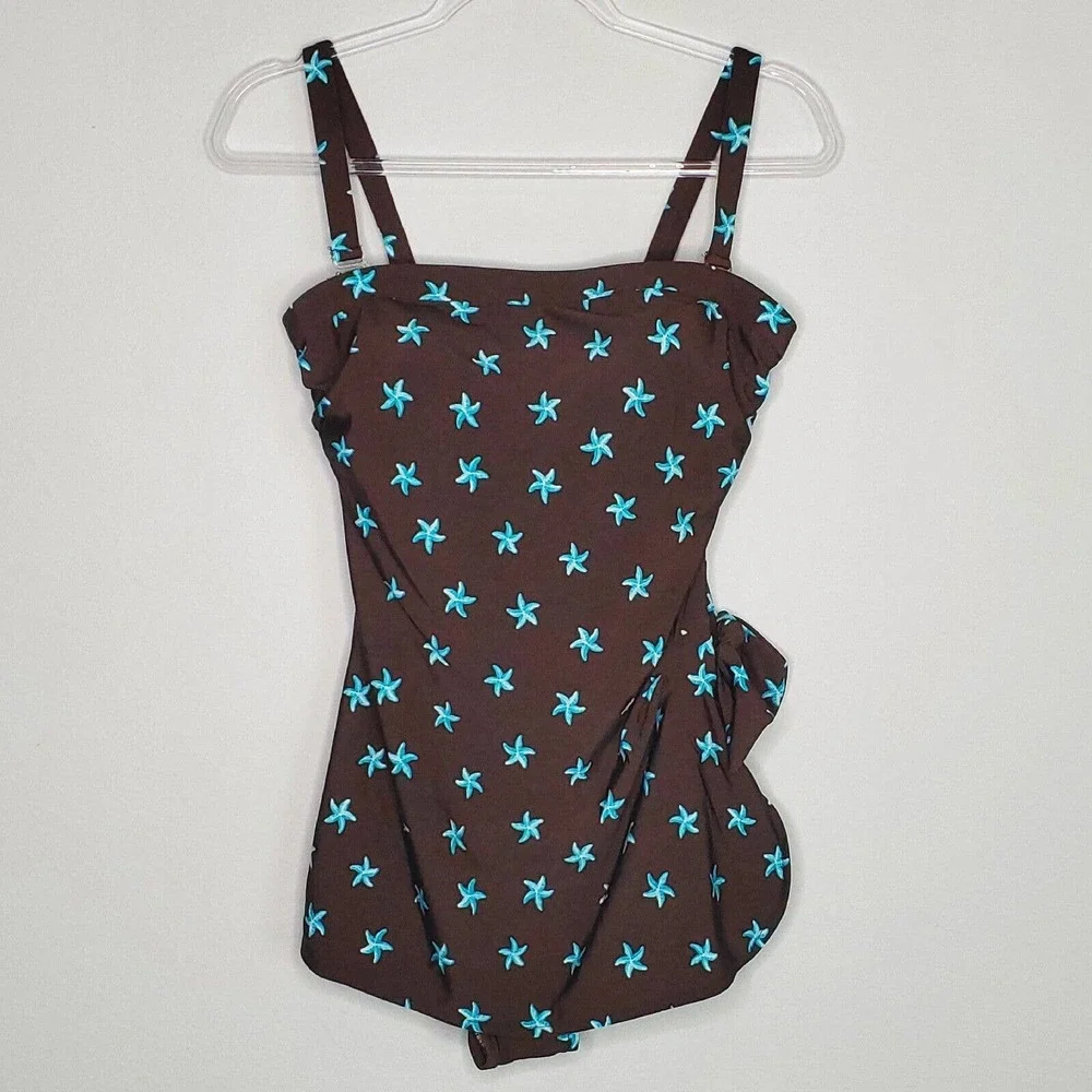 Paradise Bay Swimsuit One Piece Bathing Suit Brown Starfish Size 16 - Picture 9 of 9